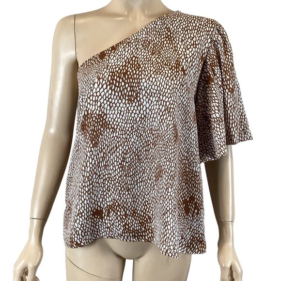 Vici One-Shoulder Brown & White Printed Top Size Small Elegant Flutter Sleeve - Picture 1 of 8